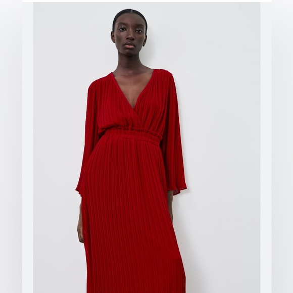 Zara Red Pleated Midi Dress - Picture 2 of 7